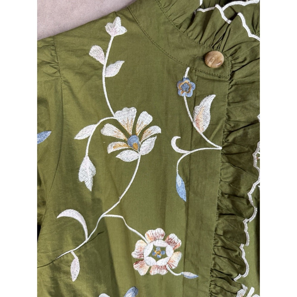 Sezane Coline Embroidered Flowers On Khaki Green Background Blouse Size 36 US 4 - Picture 8 of 9